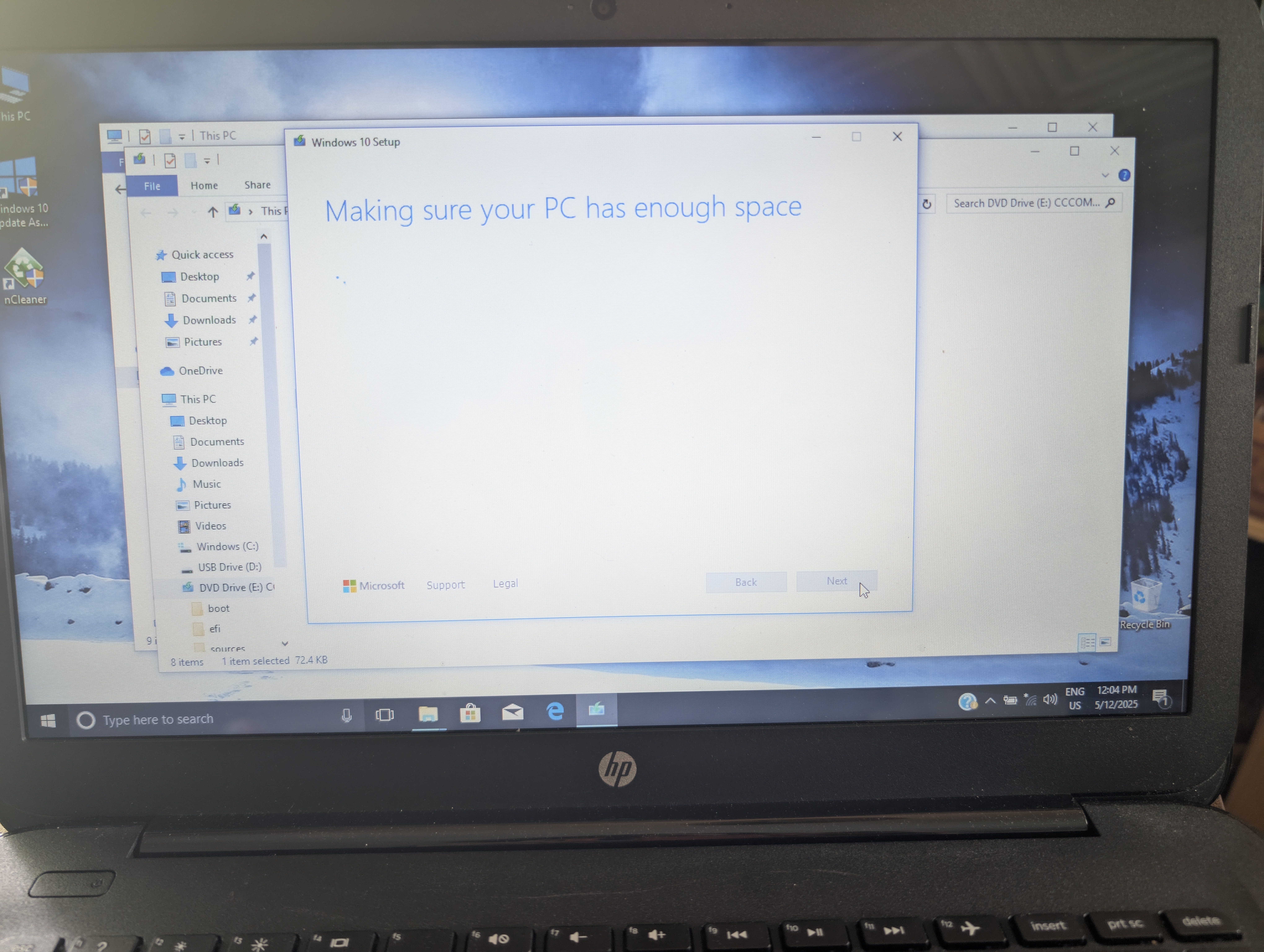 A Windows popup that says 'Making sure your PC has enough space'