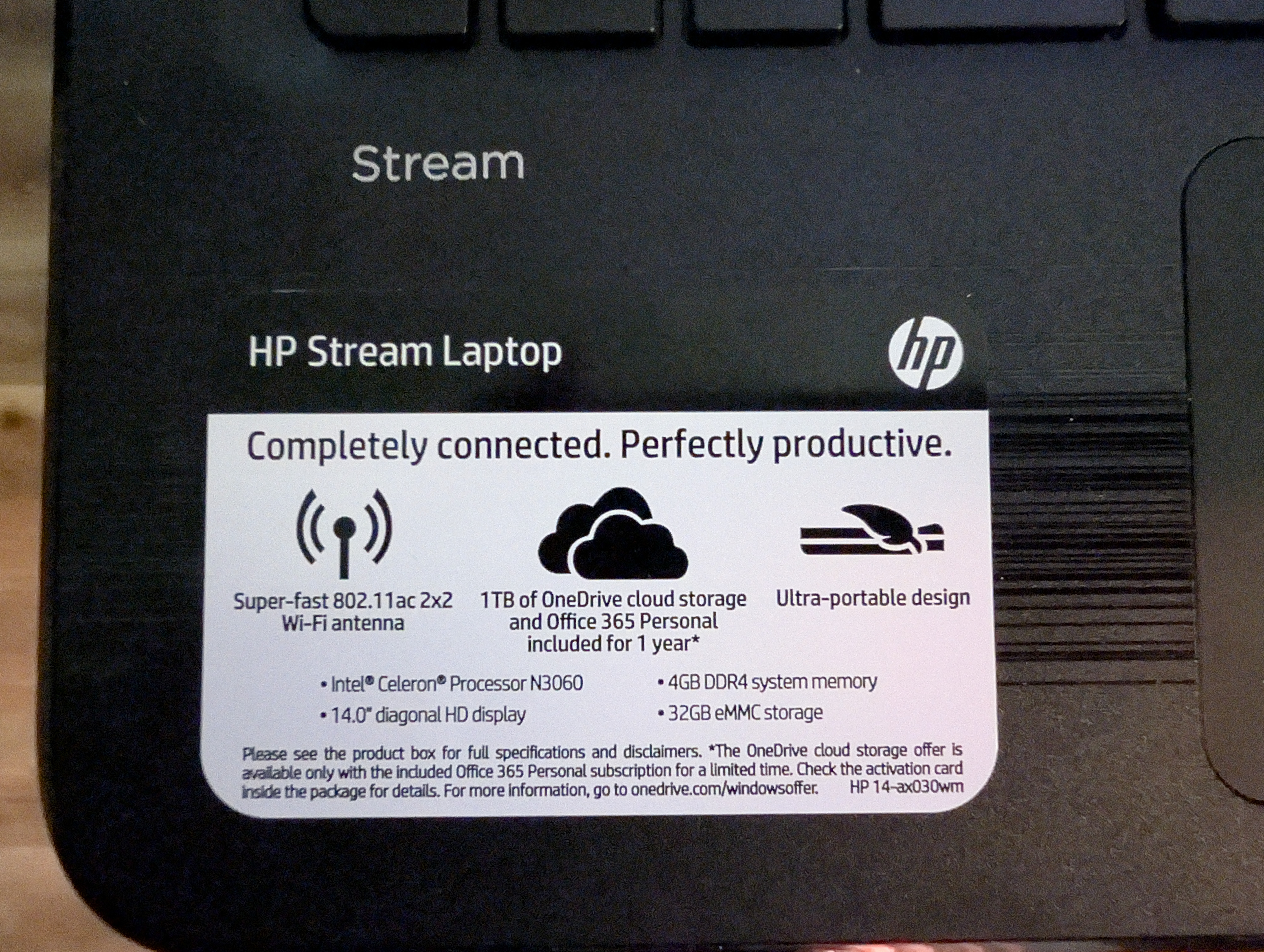 a laptop spec sticker showing some disappointing hardware specifications